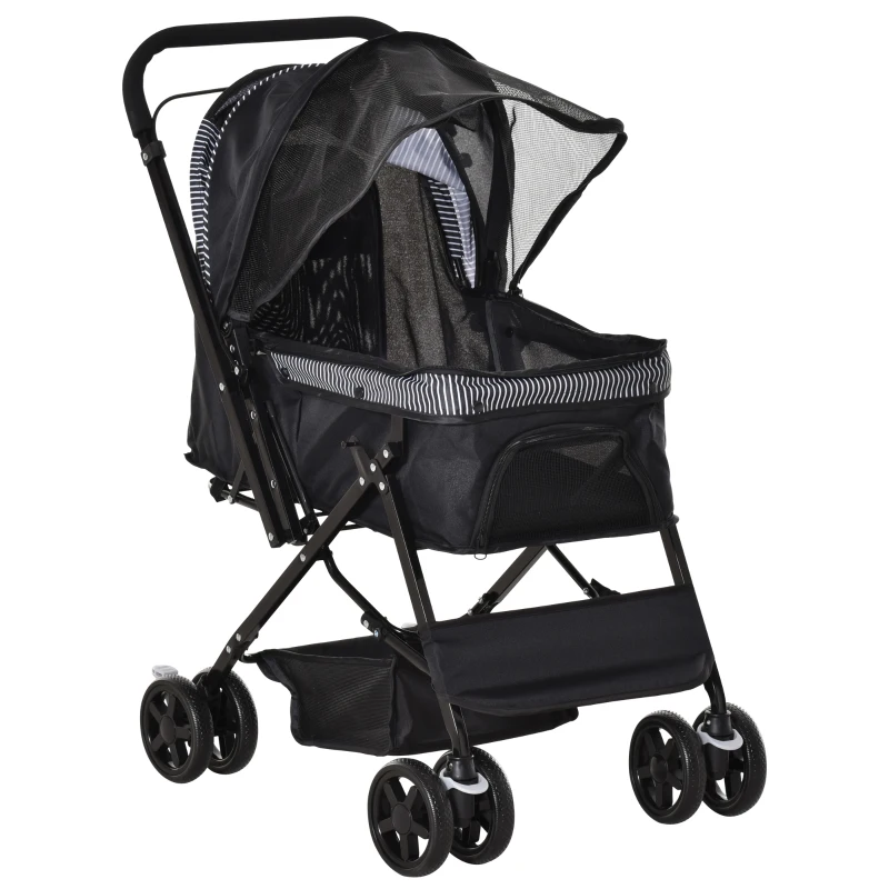 PawHut Foldable Cat Dog Travel Carriage, 4 Wheels Pet Stroller with EVA Wheel Brake, 3-stage Canopy, Mesh Window Door, Black