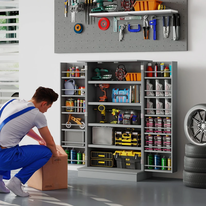 HOMCOM 41" Storage Cabinet, 2-Door Kitchen Pantry Cabinet with 5-tier Shelving, 12 Spice Racks and Adjustable Shelves, Grey