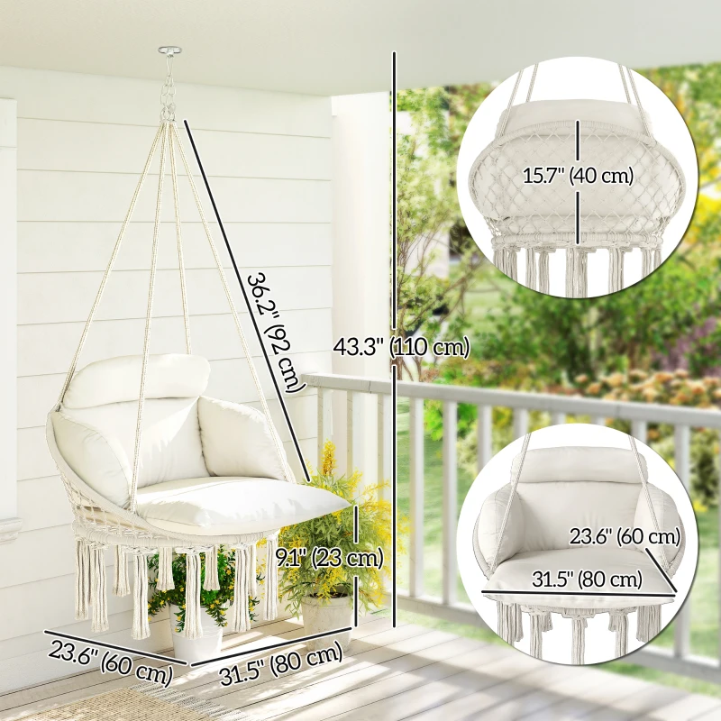 Outsunny Boho Hammock Chair Swing Hanging Chair with Cushion, Chain, Steel Frame for Indoor Outdoor Bedroom Patio Balcony, Cream