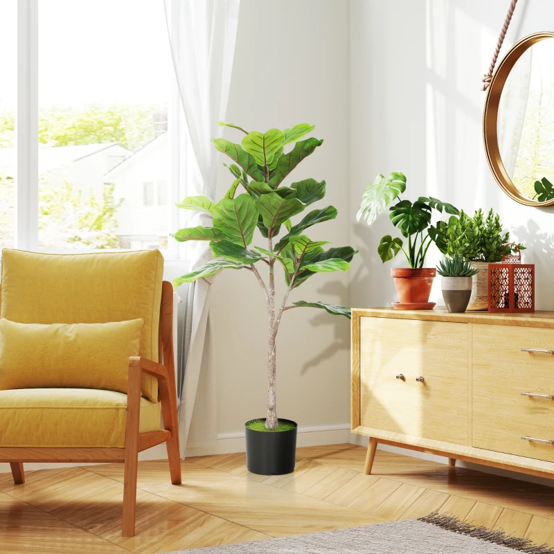 HOMCOM Artificial Fiddle Leaf Fig Tree, 43" Potted Plant with Flocked Soil for Home Office Decor, Green