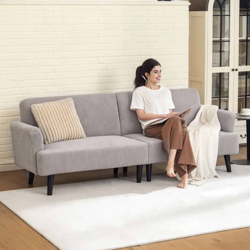 HOMCOM Modern Couch, 3 Seater Sofa, Corduroy Loveseat with Rubberwood Legs and Extra-Wide Seat, Beige