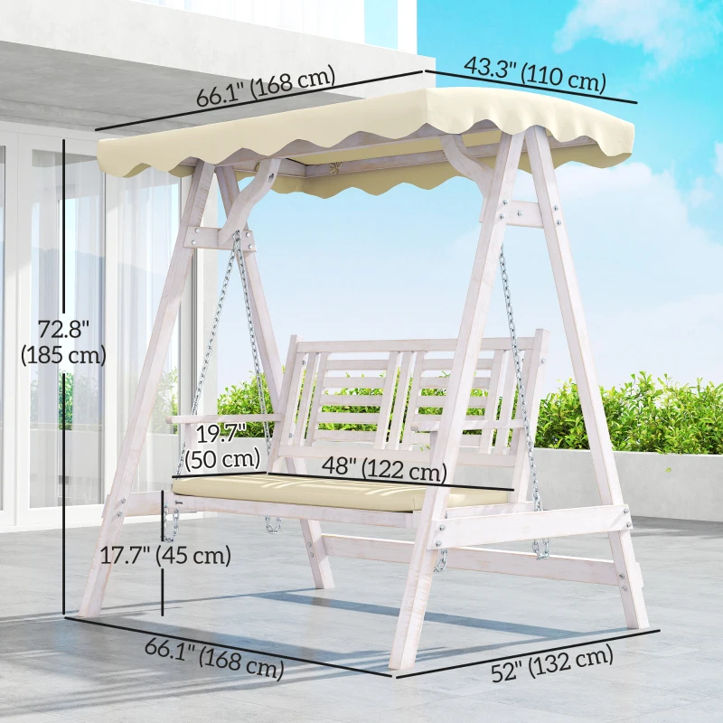 Outsunny 2 Seater Patio Swing with Stand, Canopy and Cushion, Outdoor Swing Chair Wooden Swinging Bench