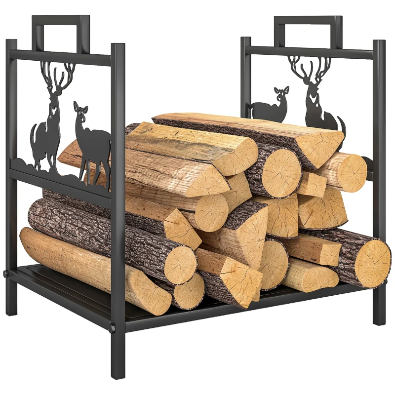 Outsunny Heavy Duty Log Stand, Firewood Rack Outdoor with Handles, Wood Storage Holder for Fireplace, Black