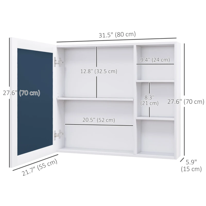 kleankin MDF Medicine Cabinet with Mirror, Bathroom Storage Cabinet with 3-tier Shelves, Wall Mounted, White