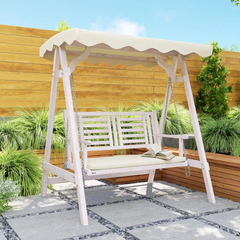 Outsunny 2 Seater Patio Swing with Stand, Canopy and Cushion, Outdoor Swing Chair Wooden Swinging Bench