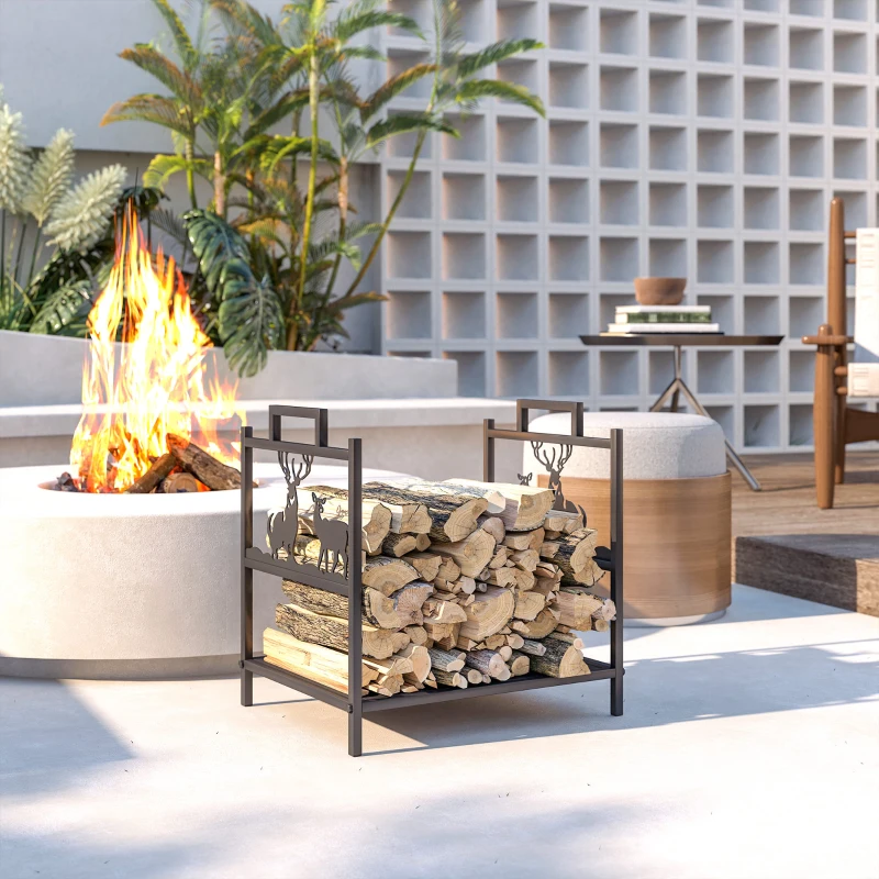 Outsunny Heavy Duty Log Stand, Firewood Rack Outdoor with Handles, Wood Storage Holder for Fireplace, Black