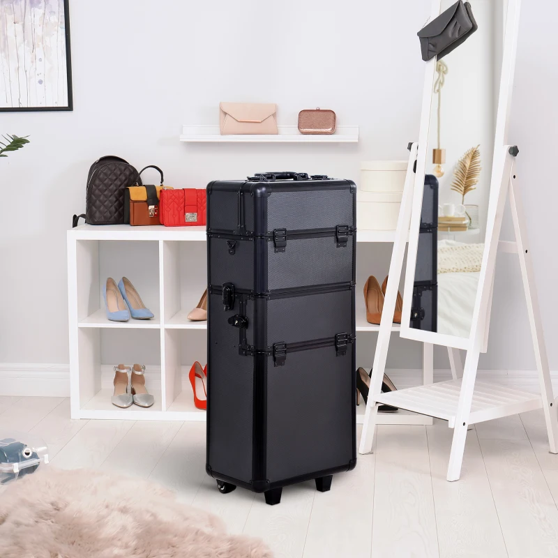 HOMCOM Pro 3 in 1 Portable Aluminum Makeup Cases Rolling Cosmetic Organizer Box, Black (Black)