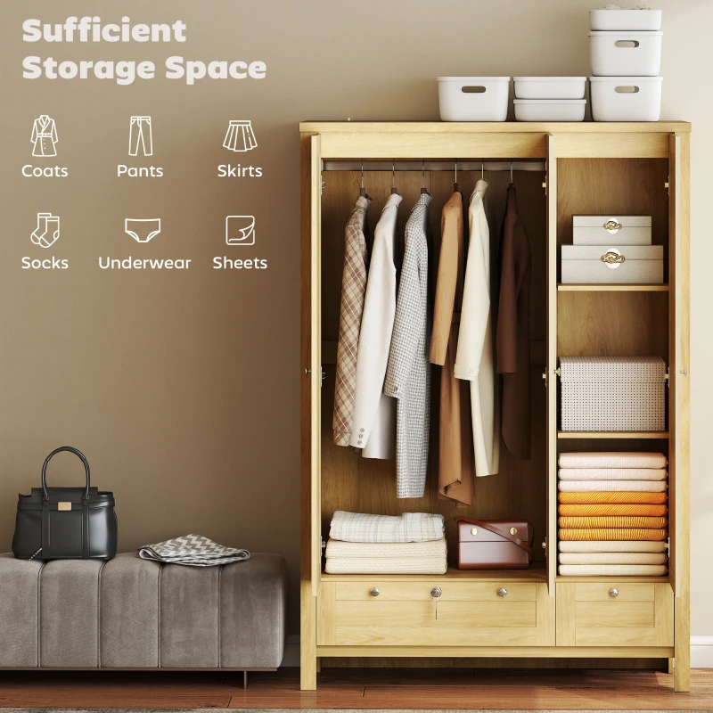 HOMCOM 3 Doors Wardrobe Closet with 2 Drawers, Bedroom Armoire with Lockable Drawer, Hanging Rod and Storage Shelves, Natural