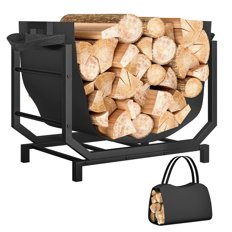 Outsunny Firewood Rack Outdoor, Heavy-Duty Log Holder with Log Tote Bag for Fireplace, Indoor Fire Wood Storage Rack