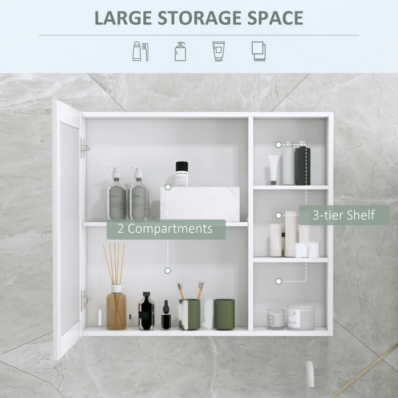 kleankin MDF Medicine Cabinet with Mirror, Bathroom Storage Cabinet with 3-tier Shelves, Wall Mounted, White