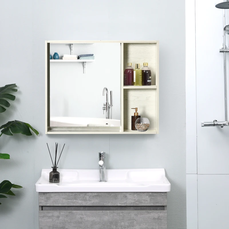 kleankin 31.5 Inch x 25.5 Inch Medicine Cabinet with Mirror, 2-Tier Storage Shelf, Wall Mounted Bathroom Mirror Cabinet, White