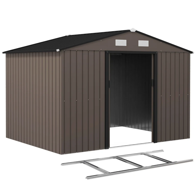 Outsunny 9.1'x6.4'x6.3' Garden Storage Shed w/ Foundation Kit Metal Tool Storage House w/ Double Doors Brown