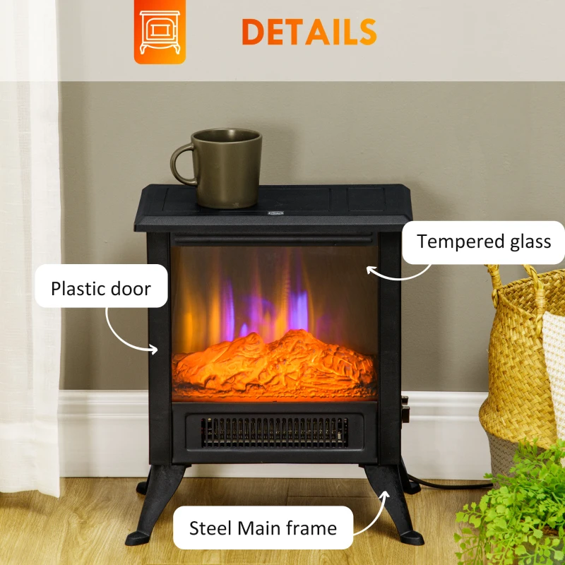 HOMCOM 17" Electric Fireplace Stove with 2 Heating Modes, Freestanding Electric Fireplace Heater with LED Flame, Adjustable Temperature, Overheat Protection, 750W/1500W, Black