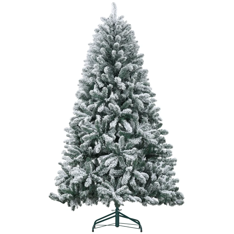 HOMCOM 6 Foot Artificial Flocked Christmas Tree with Snow, Metal Stand, Hinged Xmas Tree for Home Office Holiday