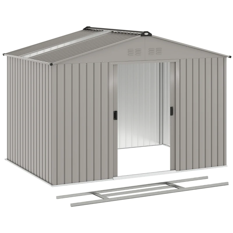 Outsunny 9.1' x 6.4' x 6.3' Garden Storage Shed w/ Foundation Kit Metal Tool Storage House w/ Double Doors Grey