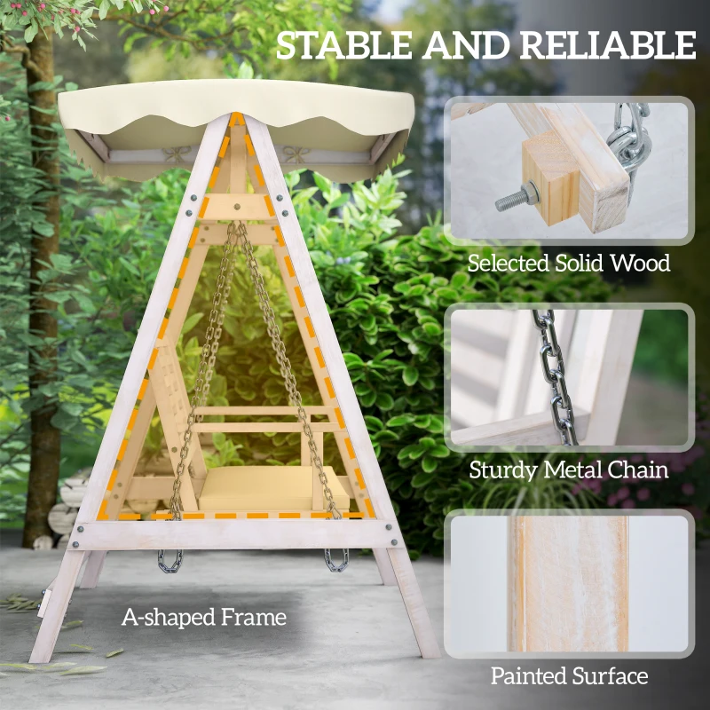 Outsunny 2 Seater Patio Swing with Stand, Canopy and Cushion, Outdoor Swing Chair Wooden Swinging Bench