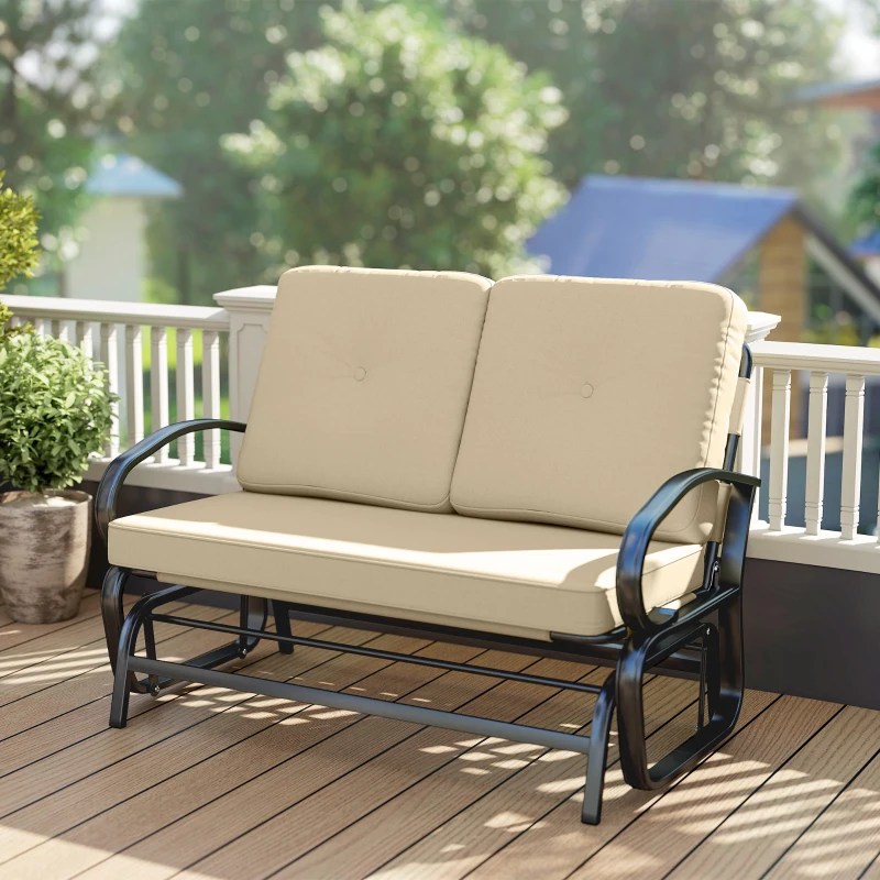 Outsunny Outdoor Glider Bench, 2-Person Patio Rocker Loveseat with Tufted Cushions, Steel Frame for Porch, Garden Backyard, Beige
