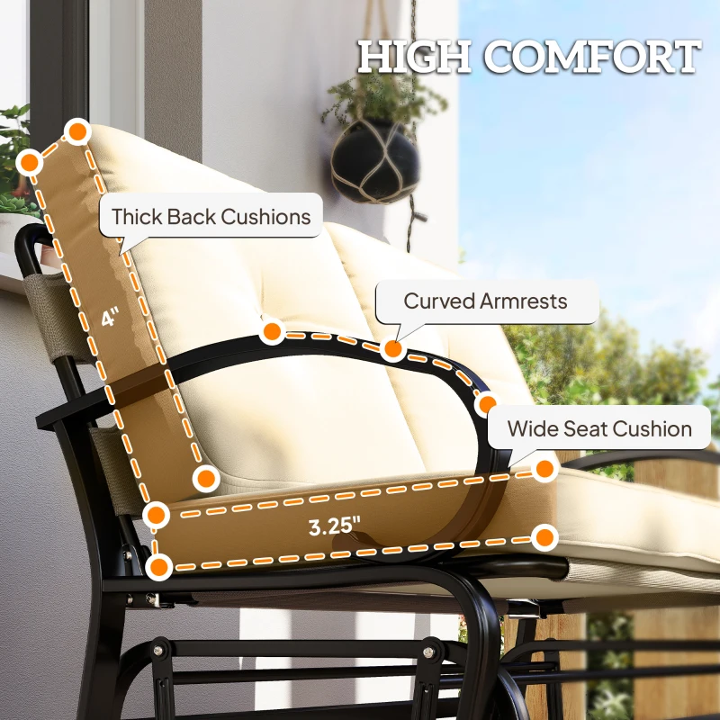 Outsunny Outdoor Glider Bench, 2-Person Patio Rocker Loveseat with Tufted Cushions, Steel Frame for Porch, Garden Backyard, Beige