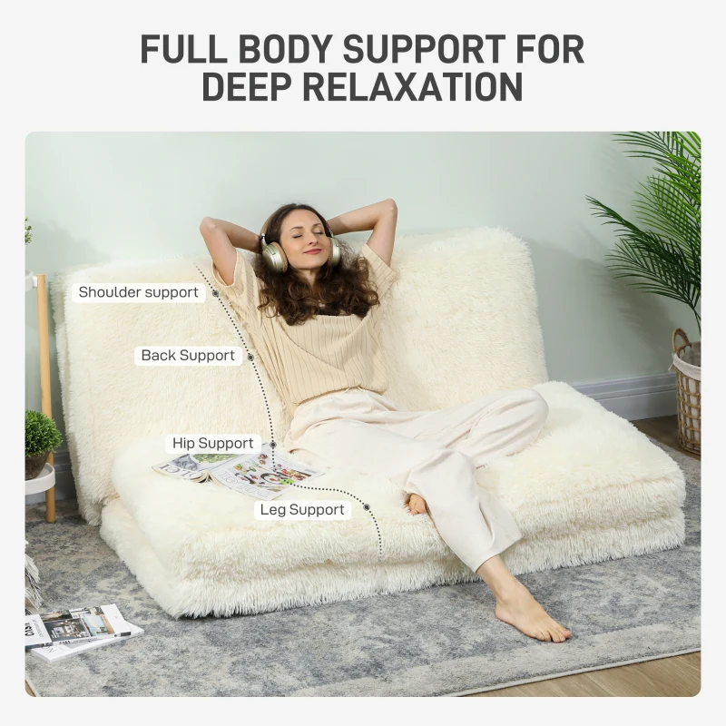 HOMCOM Bean Bag Floor Sofa Bed, Contemporary Plush Wide Folding Floor Mattress, Foam Filling Wall Couch Sleeper, Cream White