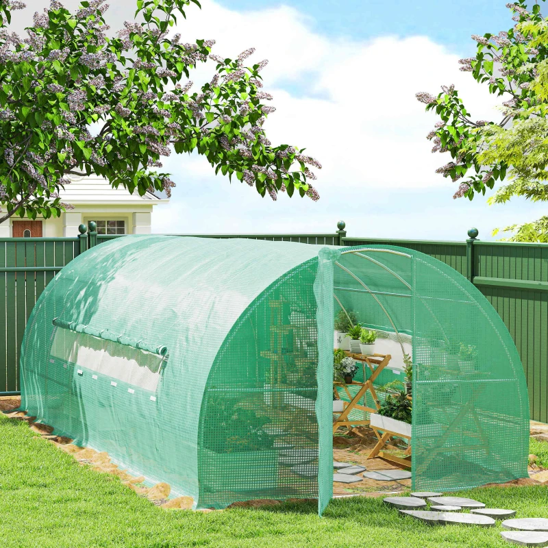 Outsunny 20' x 10' x 6.5' Walk-in Tunnel Greenhouse, Outdoor Green House with Hinged Door, Mesh Windows, Gardening Tent Plant House, Green