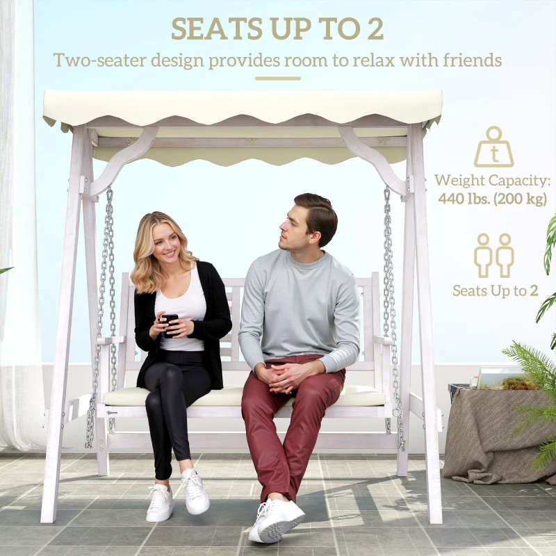 Outsunny 2 Seater Patio Swing with Stand, Canopy and Cushion, Outdoor Swing Chair Wooden Swinging Bench