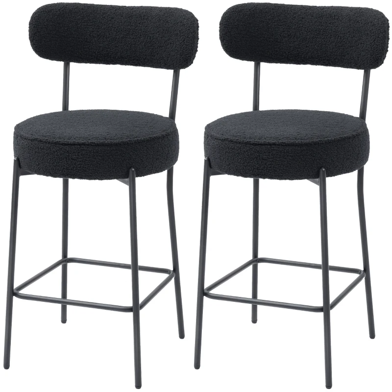 HOMCOM Set of 2 Barstools, Upholstered Bar Stools with Backrest, Footrest for Kitchen Island, Dining Room, Black