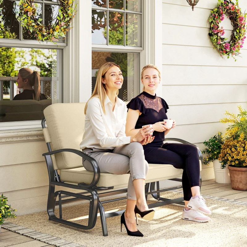 Outsunny Outdoor Glider Bench, 2-Person Patio Rocker Loveseat with Tufted Cushions, Steel Frame for Porch, Garden Backyard, Beige