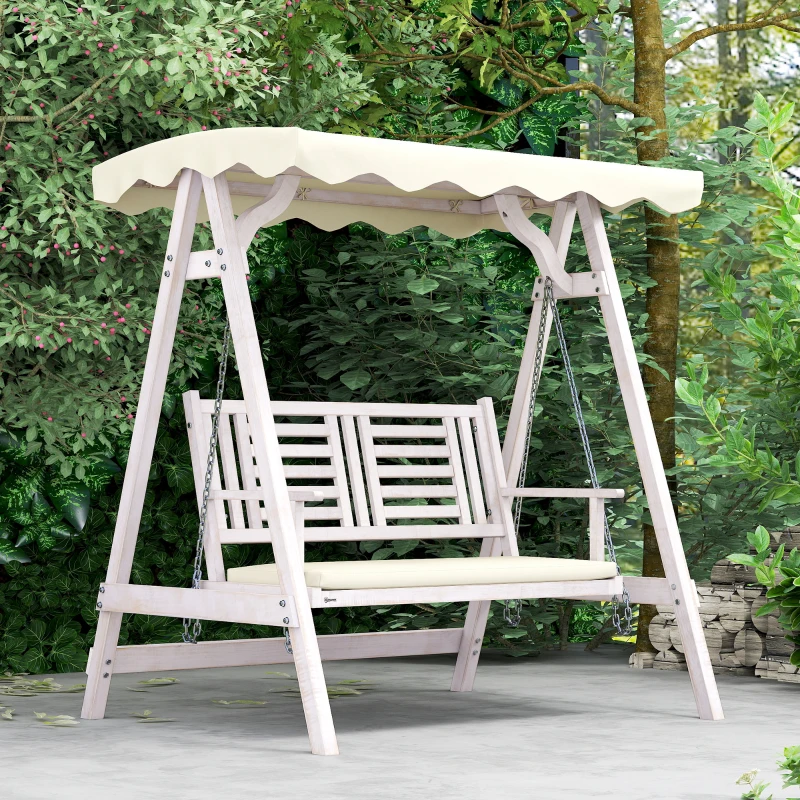 Outsunny 2 Seater Patio Swing with Stand, Canopy and Cushion, Outdoor Swing Chair Wooden Swinging Bench