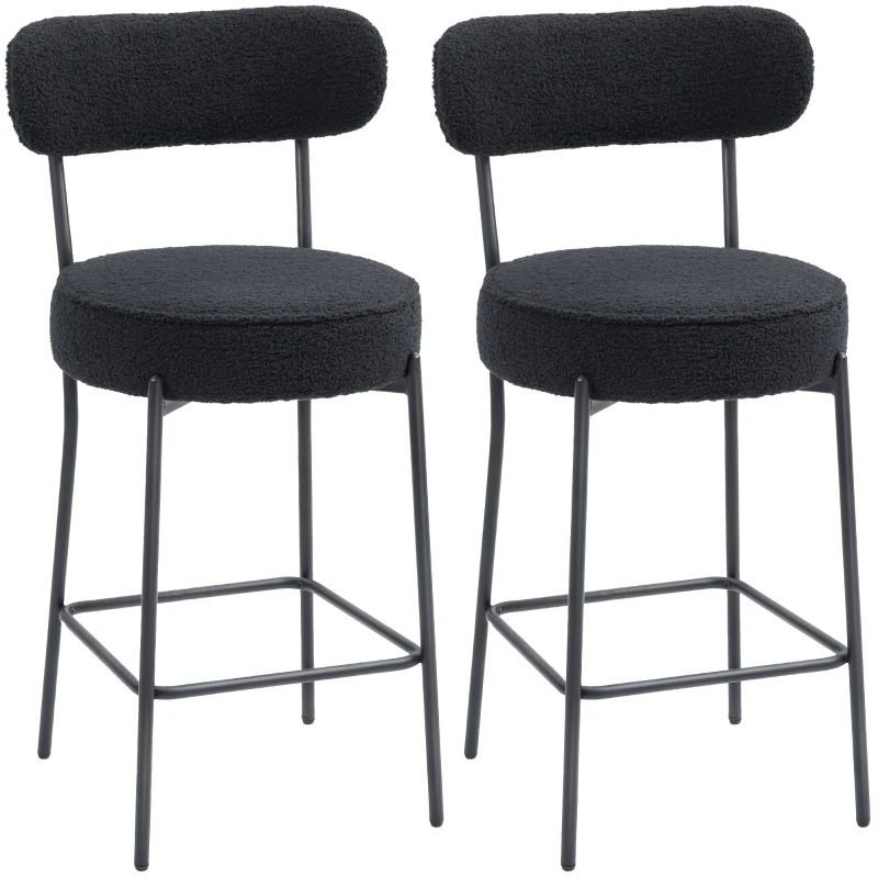 HOMCOM Set of 2 Barstools, Upholstered Bar Stools with Backrest, Footrest for Kitchen Island, Dining Room, Black