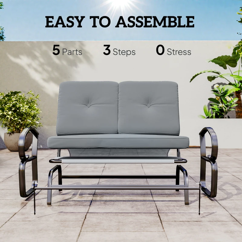Outsunny Outdoor Glider Bench, 2-Person Patio Rocker Loveseat with Tufted Cushions, Steel Frame for Porch, Garden Backyard, Gray