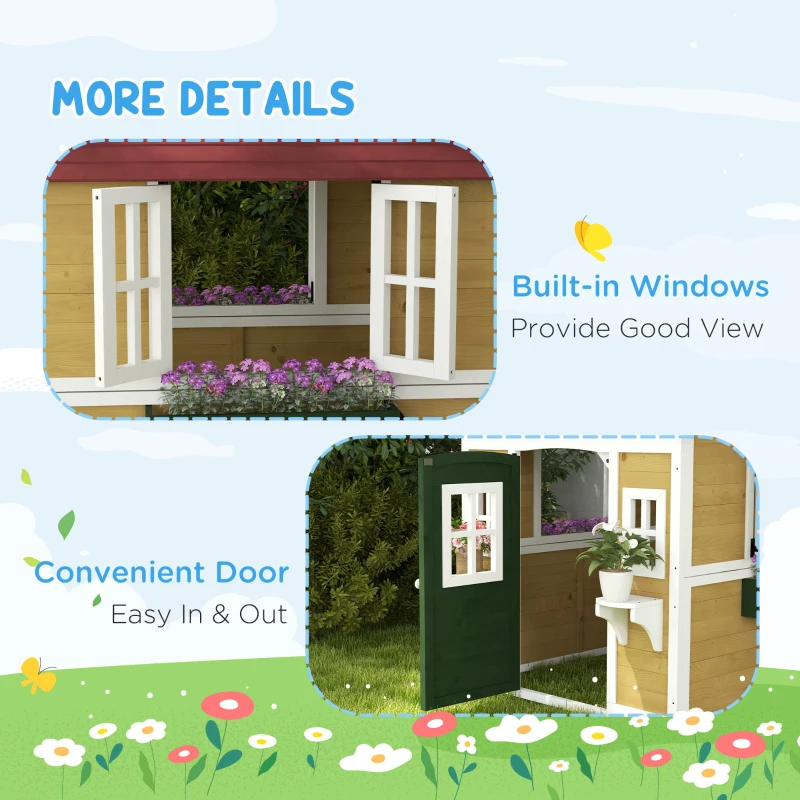 Outsunny Wooden Playhouse for Kids Outdoor with Door, Windows, Planter Pots and Boxes for Toddlers 3-8 Years, Beige
