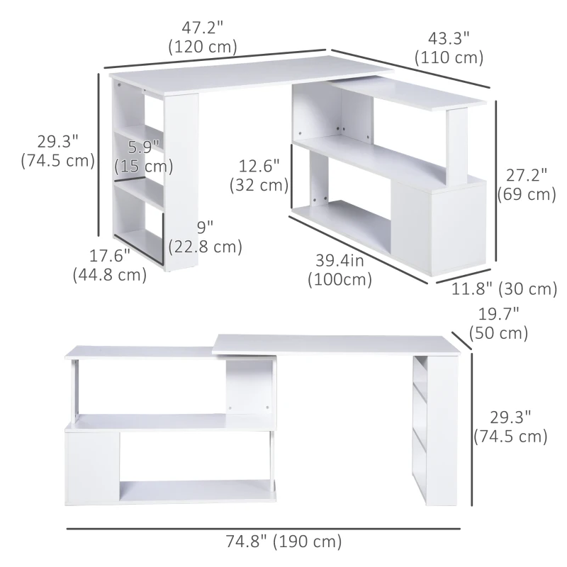 HOMCOM 47" L Shaped Desk, 360° Rotating Corner Desk, Reversible Computer Writing Table Workstation with Storage Shelf for Home Office, White