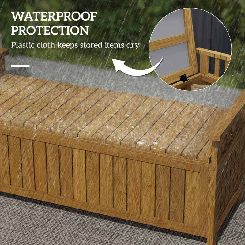 Outsunny Wooden Bench with Storage Box, Outdoor Exterior Bench with Armrests for Patio Garden Balcony, Brown