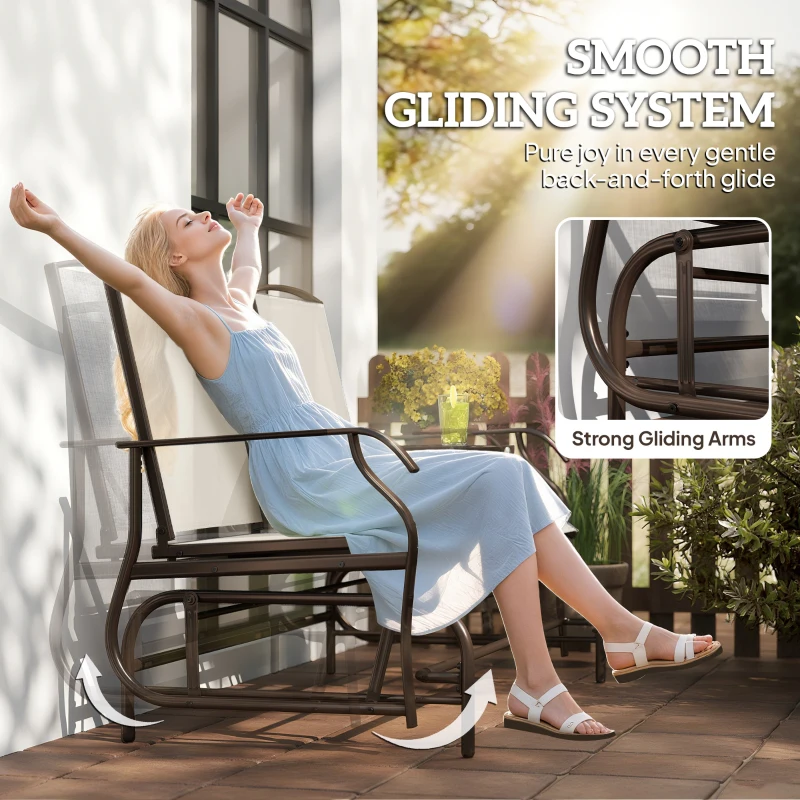 Outsunny Outdoor Glider Bench with Center Table, Metal Frame Patio Loveseat with Breathable Mesh Fabric and Armrests for Backyard Garden Porch, Beige