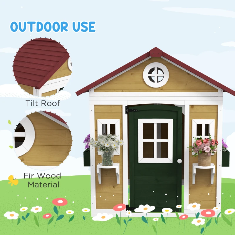 Outsunny Wooden Playhouse for Kids Outdoor with Doors, Windows, Planter Pots and Boxes for Toddlers 3-8 Years, Beige
