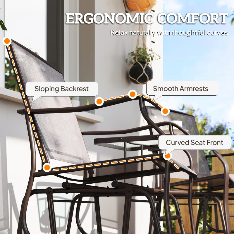 Outsunny Patio Double Glider Chair with Glass Top Center Table, Outdoor Glider Chair with High Back,  Sling Fabric for Garden, Bench, Grey