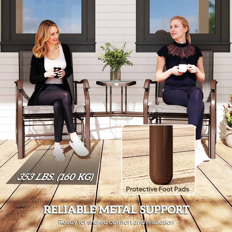 Outsunny Patio Double Glider Chair with Glass Top Center Table, Outdoor Glider Chair with High Back,  Sling Fabric for Garden, Bench, Brown