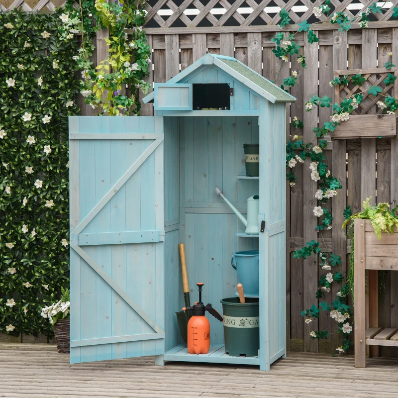 Outsunny 30" x 21" x 71" Garden Storage Shed, Outdoor Tool Utility Storage House  with 3 Tier Shelves and Roof, Blue