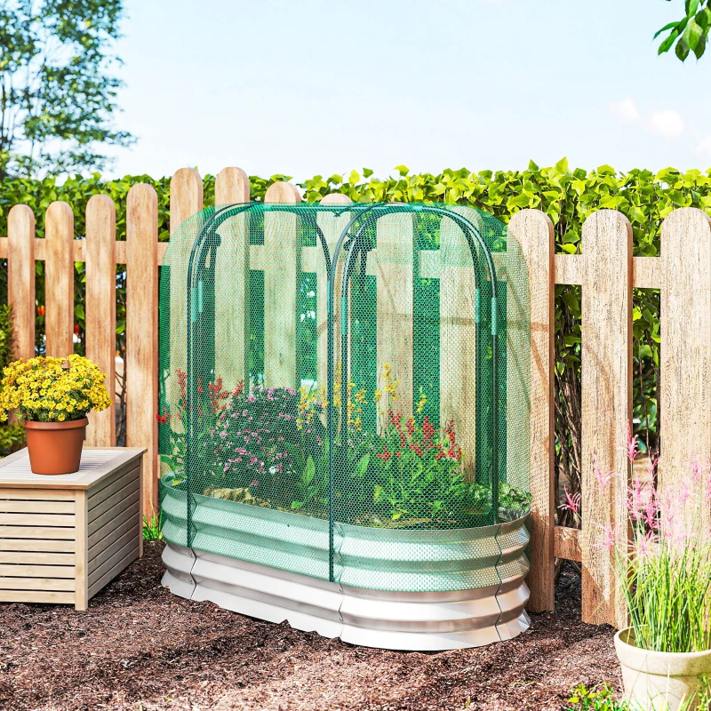 Outsunny Galvanized Raised Garden Bed with Crop Cage Protection Net Cover, Outdoor Planter Box for Vegetables, Flowers, Herbs