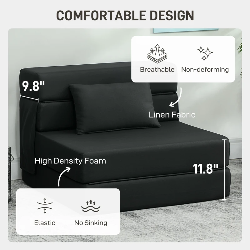 HOMCOM Folding Chair Bed with Pillow, Modern Linen Sleeper Sofa Bed for Living Room, Dorm, Guest Use, Black