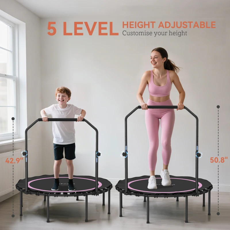 Soozier 45" Rebounder Trampoline for Adults, Foldable Mini Trampoline with Adjustable Handle Bar for Indoor Outdoor, Pink