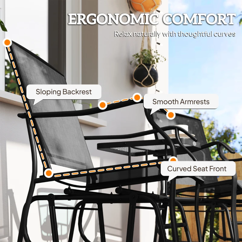 Outsunny Patio Double Glider Chair with Glass Top Center Table, Outdoor Glider Chair with High Back,  Sling Fabric for Garden, Bench, Black