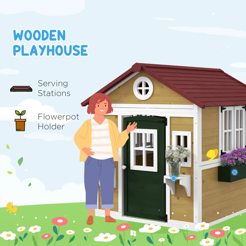 Outsunny Wooden Playhouse for Kids Outdoor with Doors, Windows, Planter Pots and Boxes for Toddlers 3-8 Years, Beige