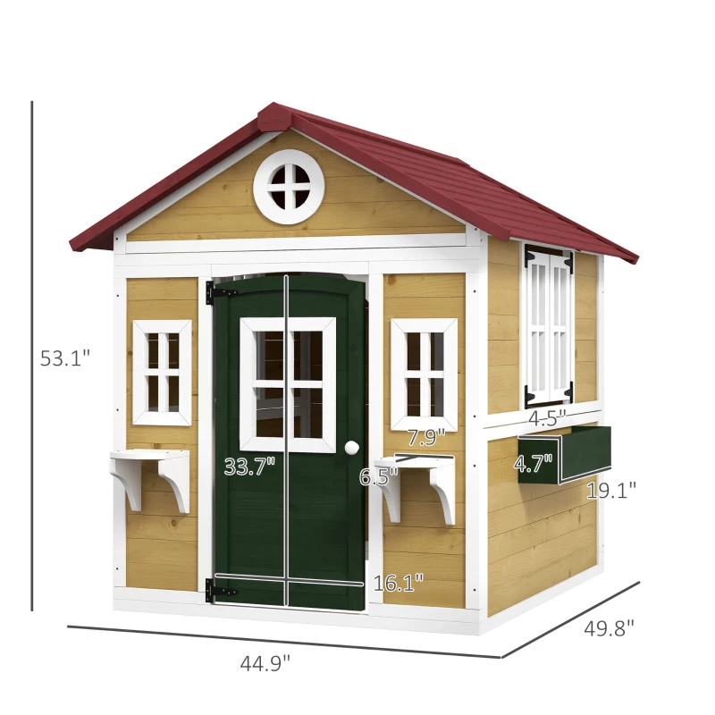 Outsunny Wooden Playhouse for Kids Outdoor with Doors, Windows, Planter Pots and Boxes for Toddlers 3-8 Years, Beige