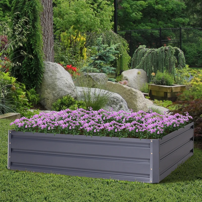 Outsunny 47.3"x47.3" Raised Garden Bed Galvanized Planter Garden Box Kit Set Raised Fence Garden Bed Planter 4-Panel Galvanized Steel Grey
