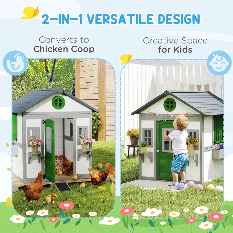 Outsunny Wooden Playhouse for Kids Outdoor with Doors, Windows, Planter Pots and Boxes for Toddlers 3-8 Years, White