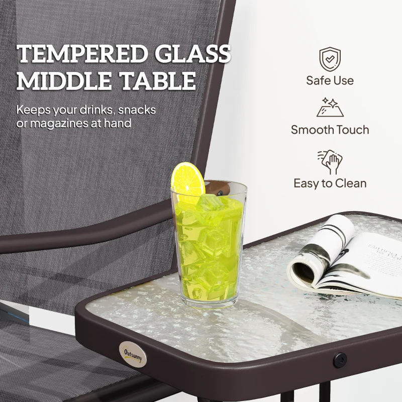 Outsunny Patio Double Glider Chair with Glass Top Center Table, Outdoor Glider Chair with High Back,  Sling Fabric for Garden, Bench, Grey