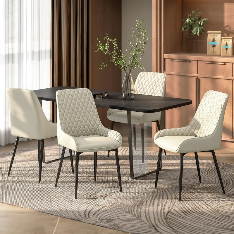 HOMCOM Upholstered Kitchen Chairs, Modern Dining Chairs Set of 4 with Diamond Tufting and Steel Legs for Dining Room, Khaki