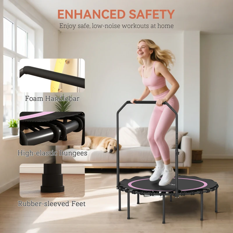 Soozier 45" Rebounder Trampoline for Adults, Foldable Mini Trampoline with Adjustable Handle Bar for Indoor Outdoor, Pink