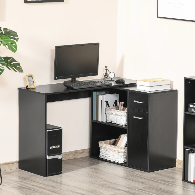 HOMCOM 180° Rotating Home Office Corner Desk Storage Shelf Cabinet Black